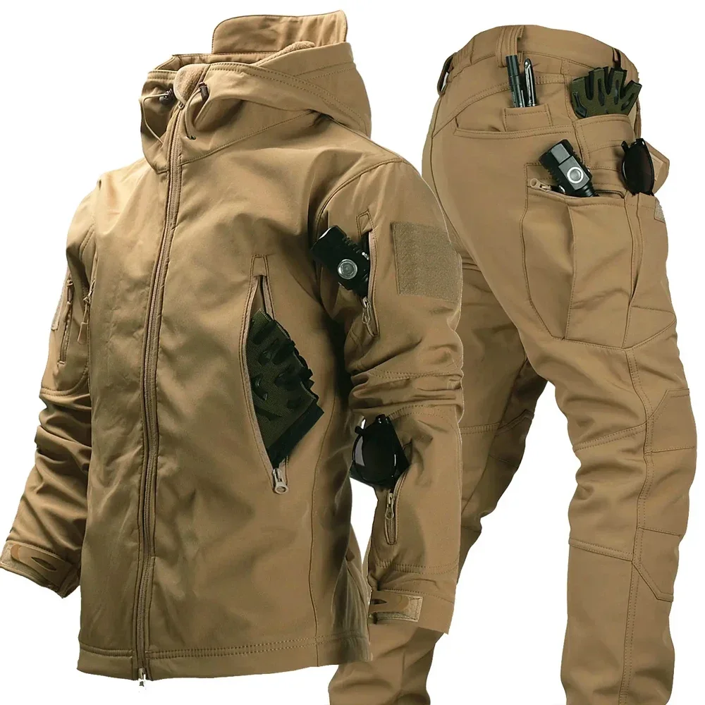 Suits for Men Winter Tactical Sets Shark Skin Biker Jacket Hoodie Pants 2 Piece Set Waterproof Workwear Clothes Pockets