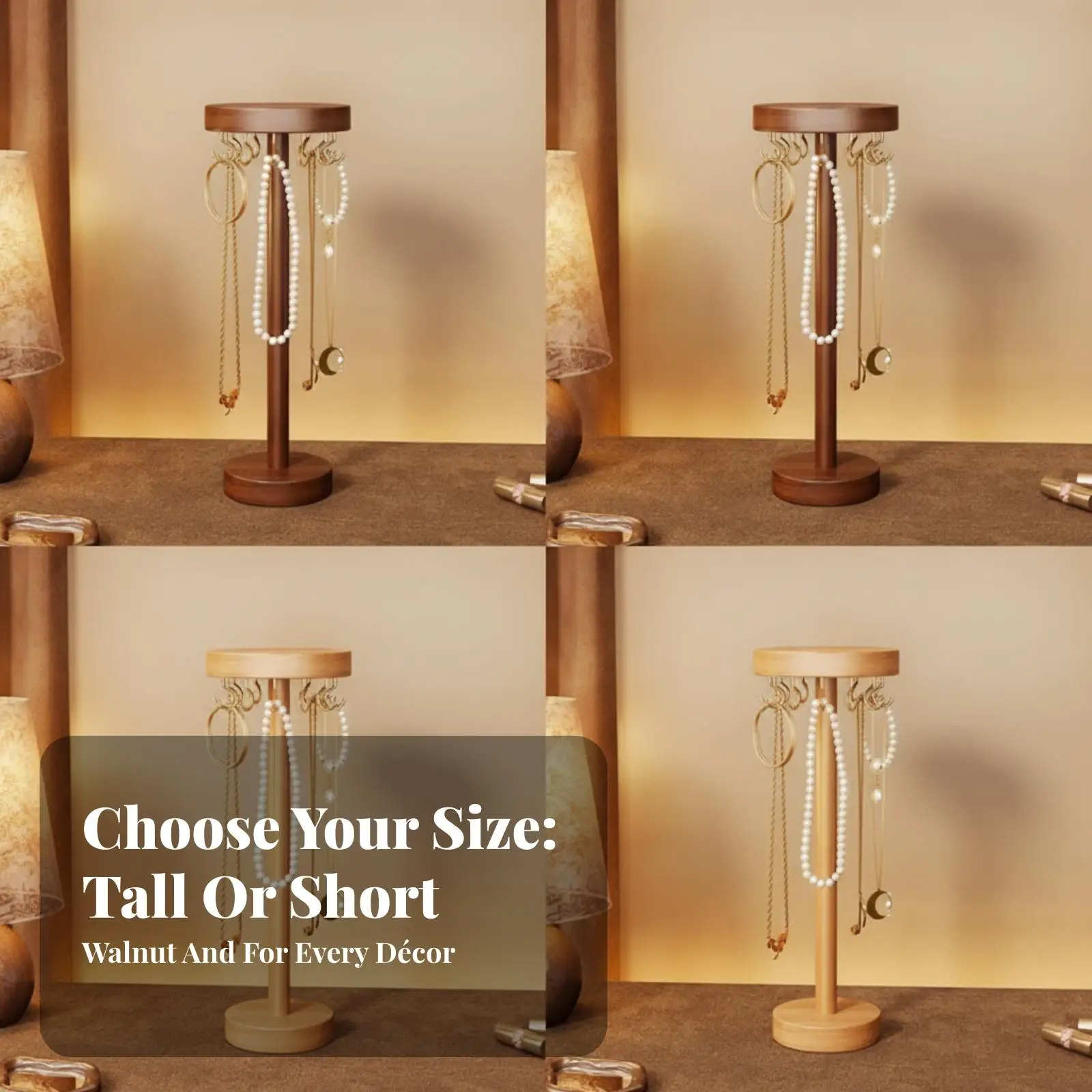 Wooden Necklace Display Stand for Jewelry Organizer Storage Rack with Gold Tone Metal Post and Hanging Hooks for Earrings