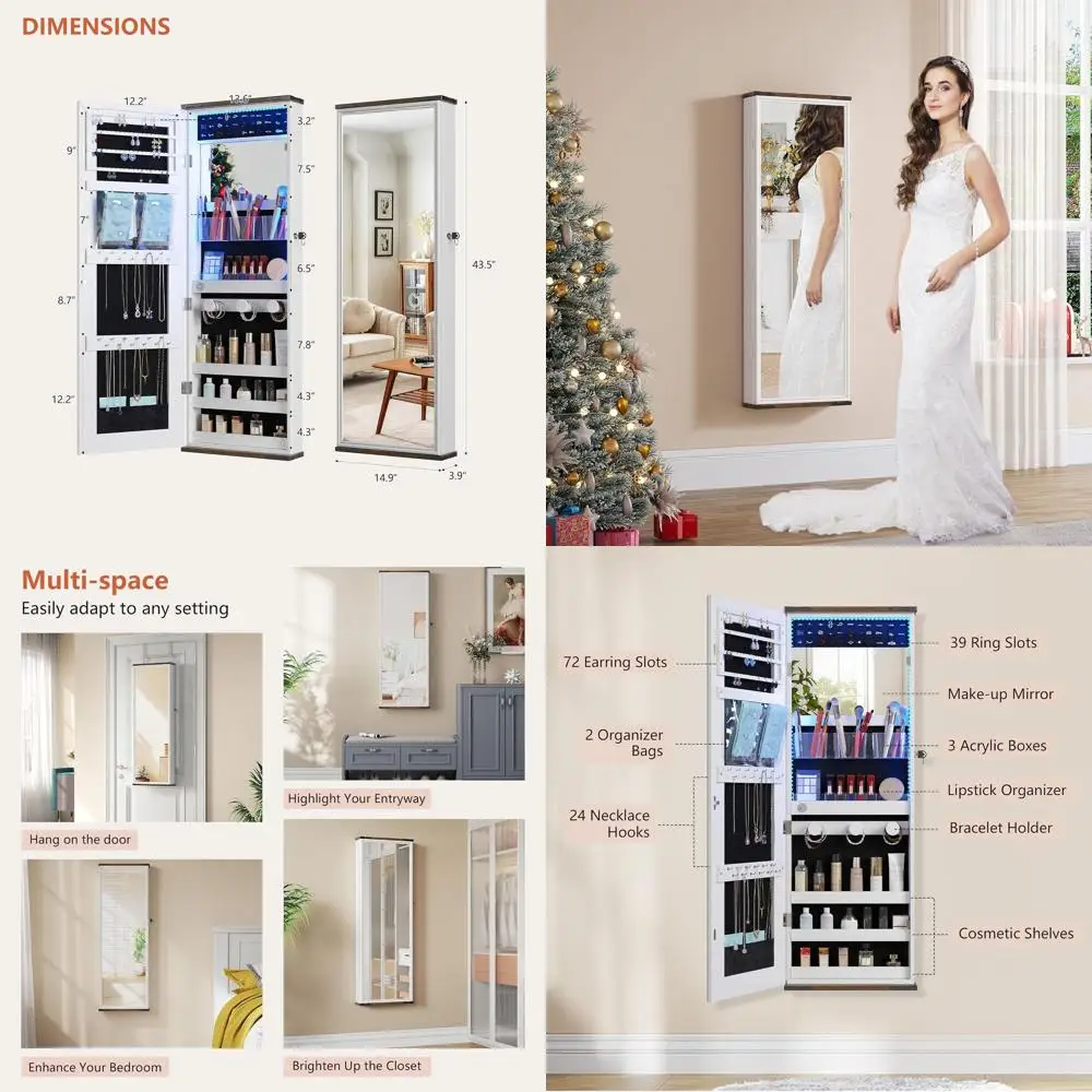 

Antique White Lockable Jewelry Cabinet with LED Light and Full-Length Mirror for Women