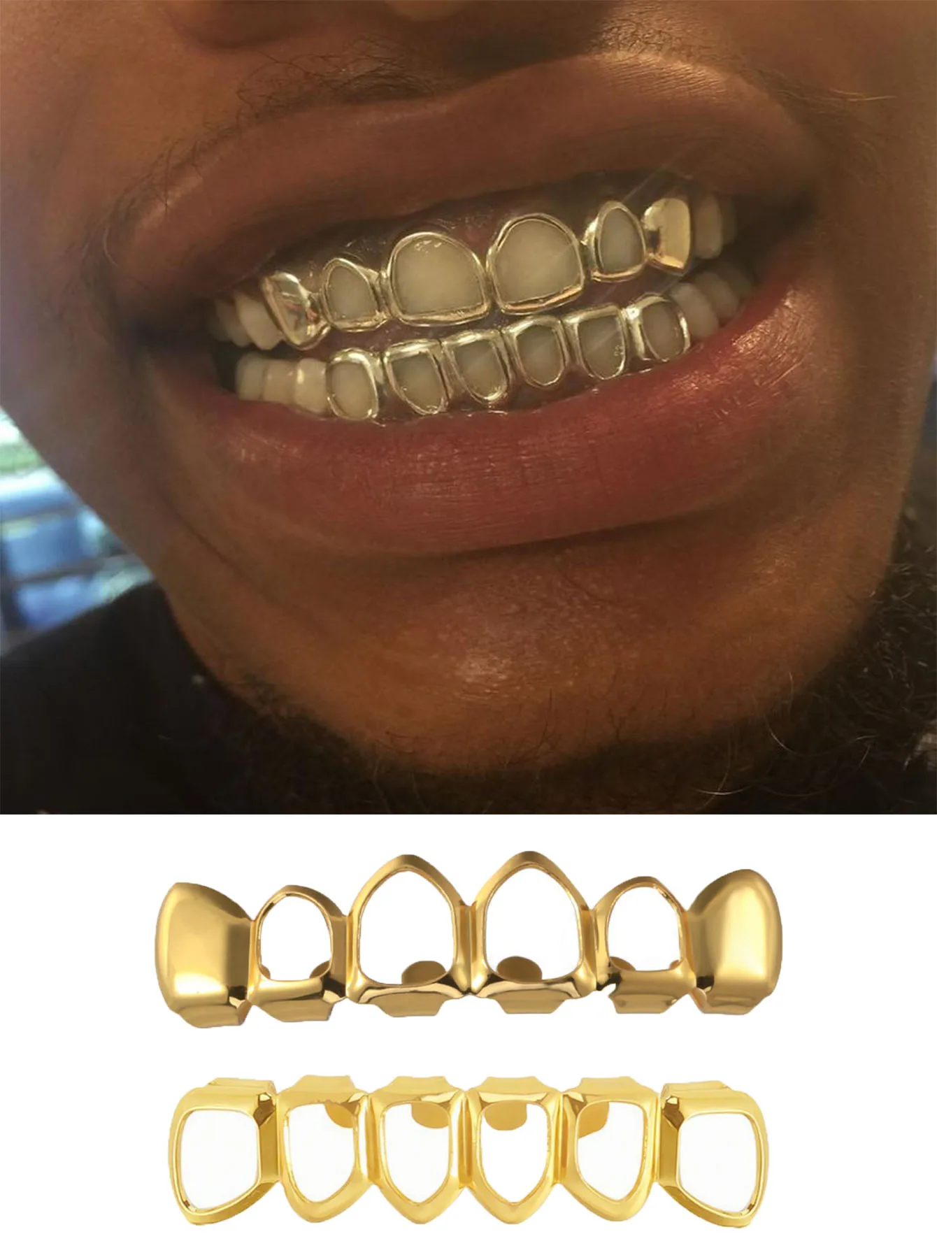 A Set Of Personalized And Fashionable Dental Accessories, Featuring Four Perforated Upper Teeth And Six Perforated Lower Teeth