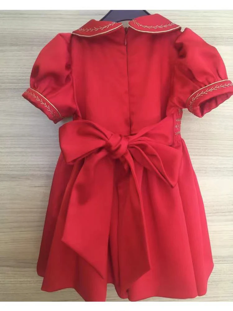 0-6Y Baby Girl Summer Red Smocked Turkish Vintage Princess Dress for Birthday Holiday Easter Photography Eid