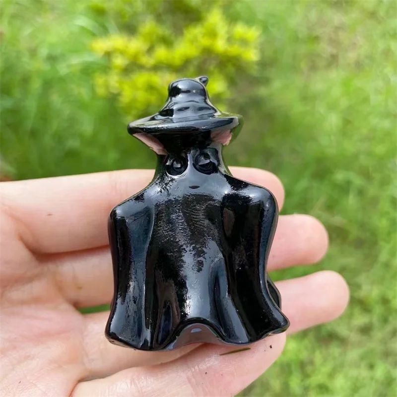 6CM Natural Black Obsidian Halloween Ghost Carving Obsidian Mineral Goddess Statue Crystal Figurines Decor Crafts For Gifts