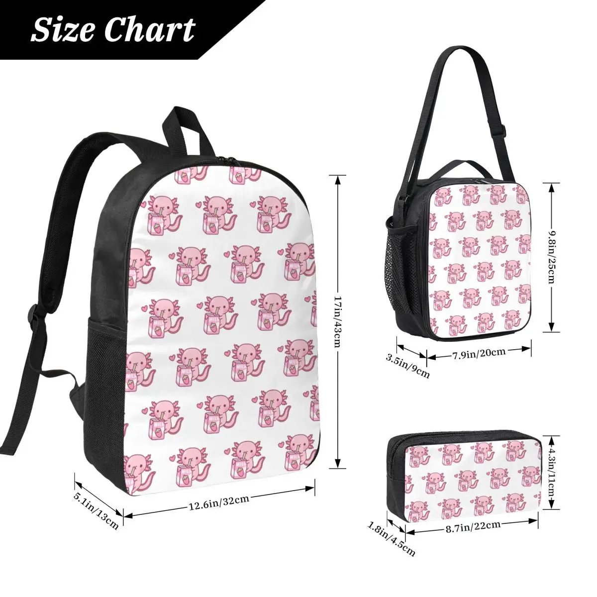Cute Axolotl Loves Strawberry Milk Doodle Backpack BookBag School Bag Computer Shoulder Bags 3ps Insulated Lunch Bag Pencil Case