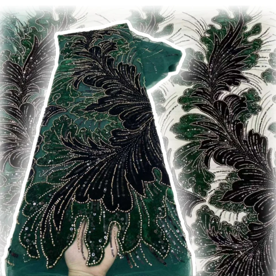 

Luxury Mesh Velvet Lace Fabrics Beaded Lace Nigerian African French Beaded Sequins Lace for Nigerian Women Evening Dresses 1188