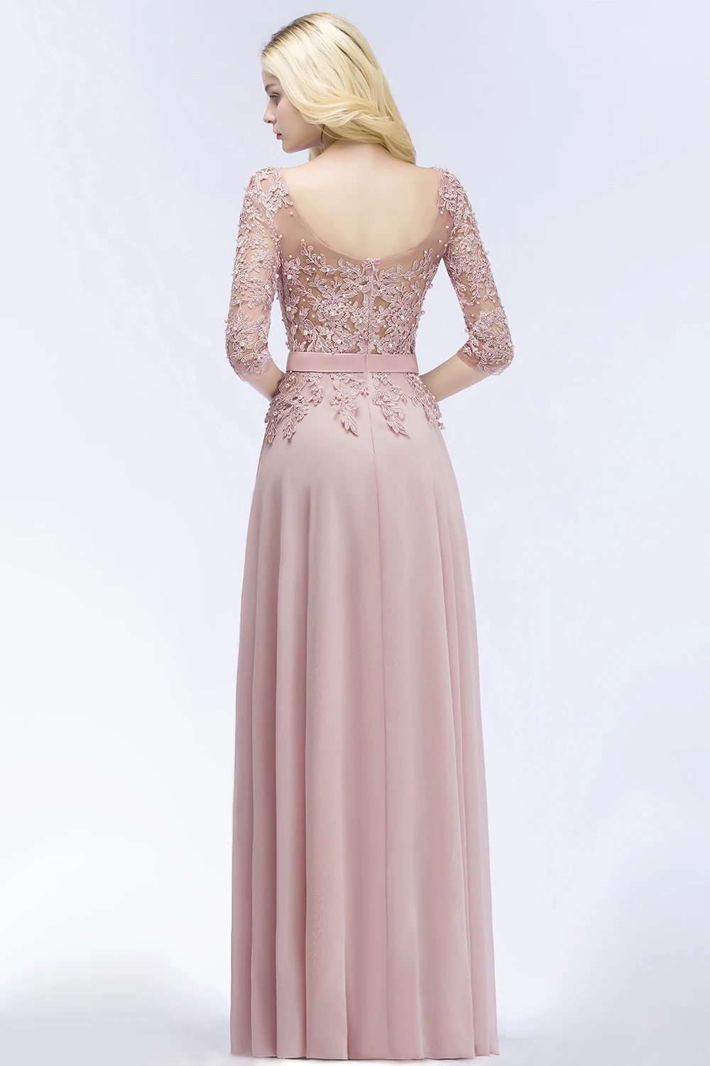 Modest Long Dusty Rose Evening Dresses Chiffon Appliques 3/4 Sleeves Banquet Formal Occasion Party Prom Gowns Robe De Soiree