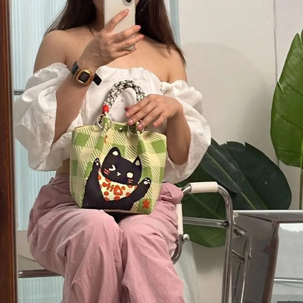 المحمولة القط محبوك حمل حقيبة مطبوعة الدب الكرتون محبوك حقيبة يد محفظة نسج الصوف دلو حقيبة أكياس التسوق