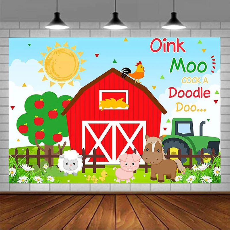 

Cartoon Red Barn Backdrop Farm Animals Chicken Pig Horse Birthday Background Farm Theme Birthday Party Cake Table Decoration