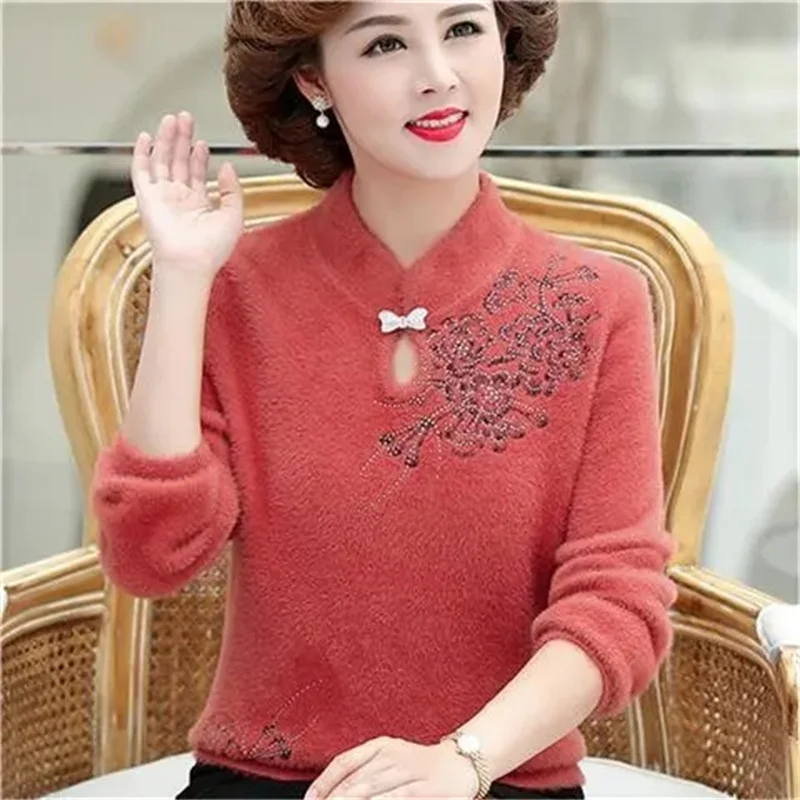 

Middle-aged Women's Autumn Winter Mink Sweaters Pullovers Thickened Warm Bottoming O-neck Wool Sweater Mother Dress Tops 5XL