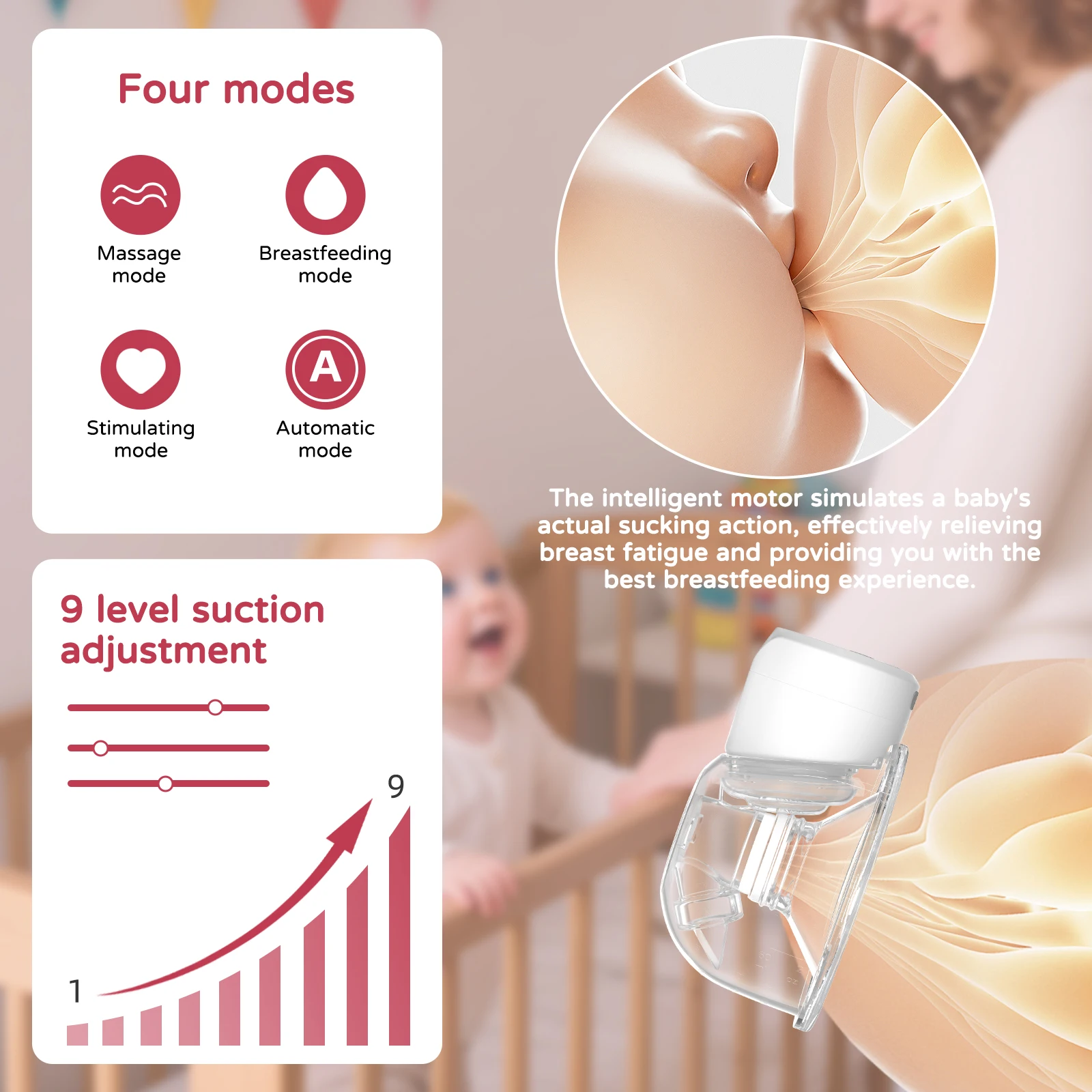 Bluto wearable electric breast pump with 9-level adjustment and 4 modes, comfortable breast collector, wireless and low-noise