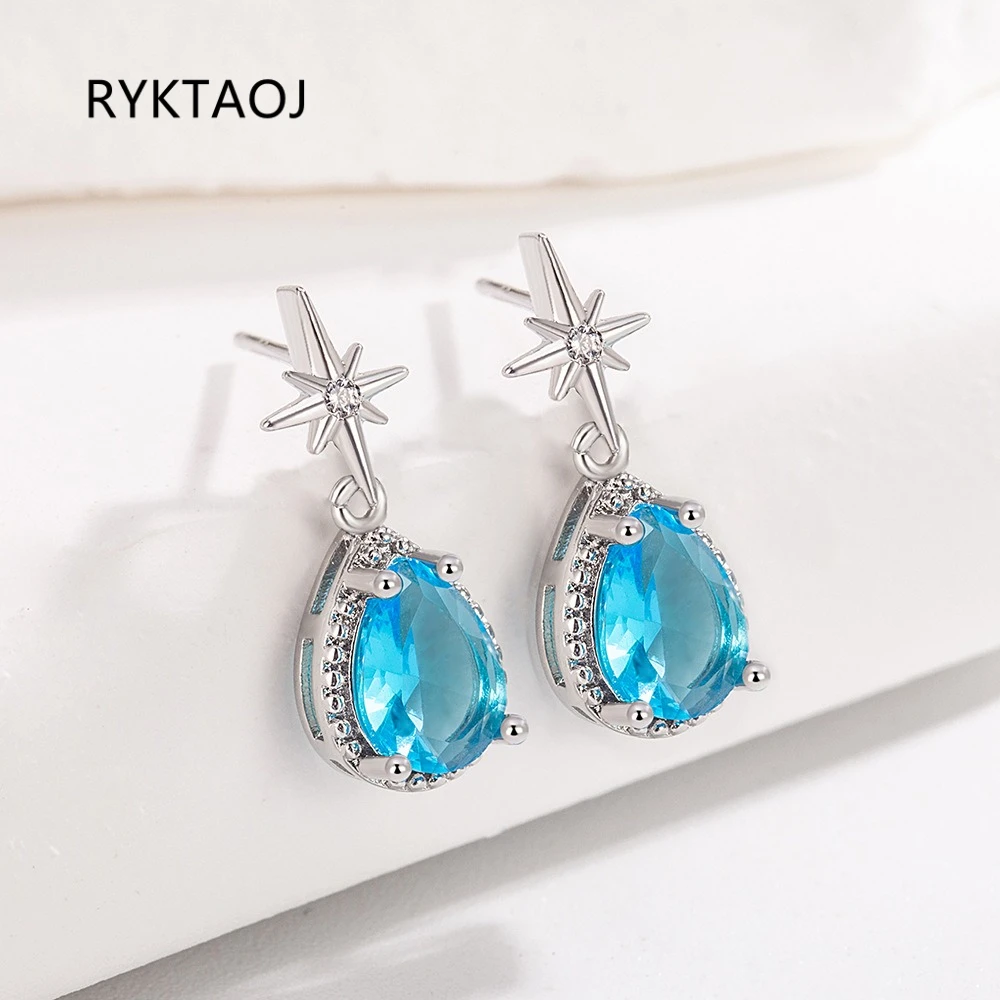 925 Sterling Silver Teardrop Blue CZ Jewelry Set for Women North Star Pendant Necklace Dangle Earrings 2Pcs Wedding Jewelry Gift