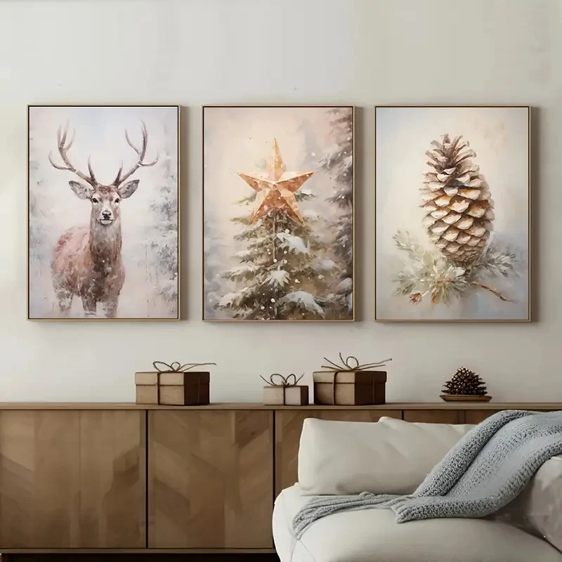 

3pcs/Set Retro Christmas Tree, Reindeer Pinecone Poster, Farmhouse Winter Festival Wall Canvas, Apartment Modern Home Decoration
