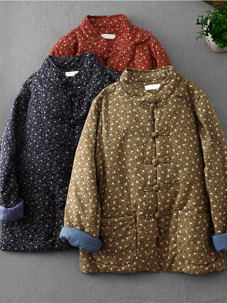 

Thiened Chinese Sle Stand Collar Cotton Jaet Women's Coat Floral Print Button down Long Sve Winter Outerwear