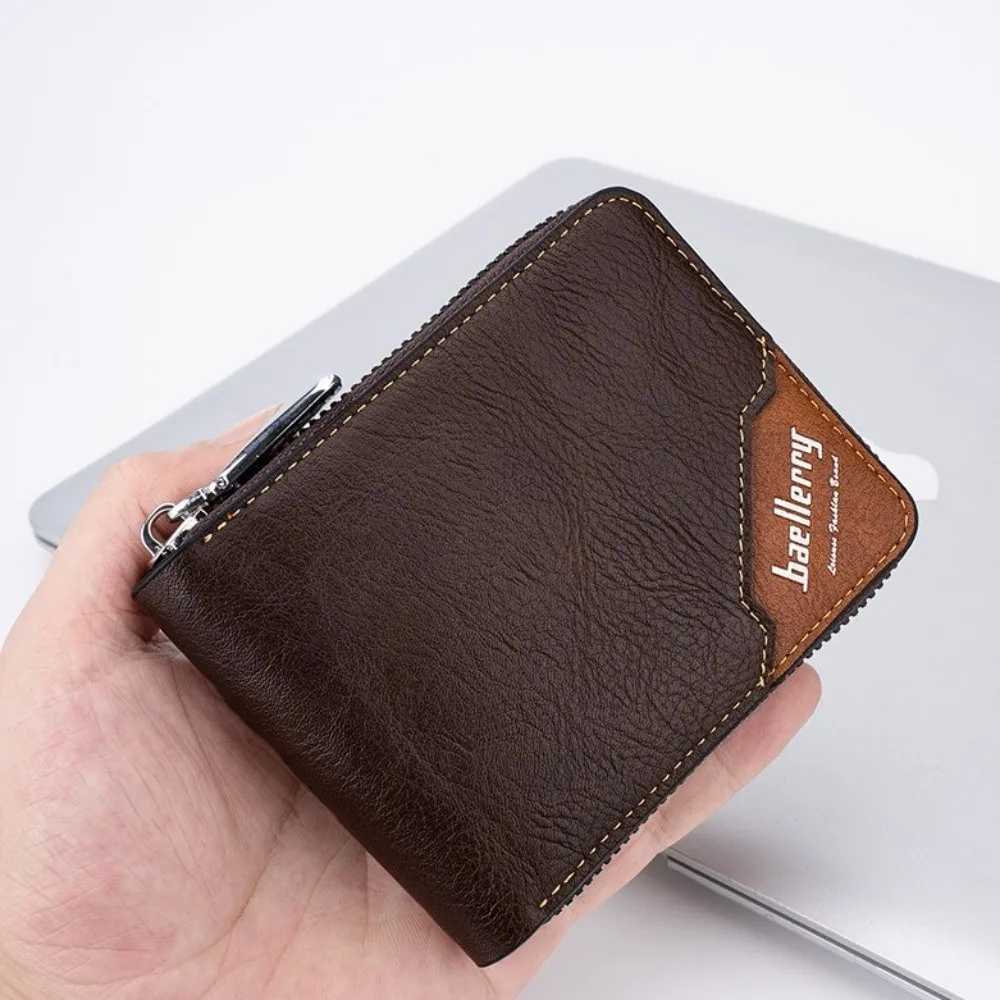 

Leather Men's Short Wallet English Letter Urban Recreational Style Anti-theft Cash Bag ID Badge Holder Credit Card Case