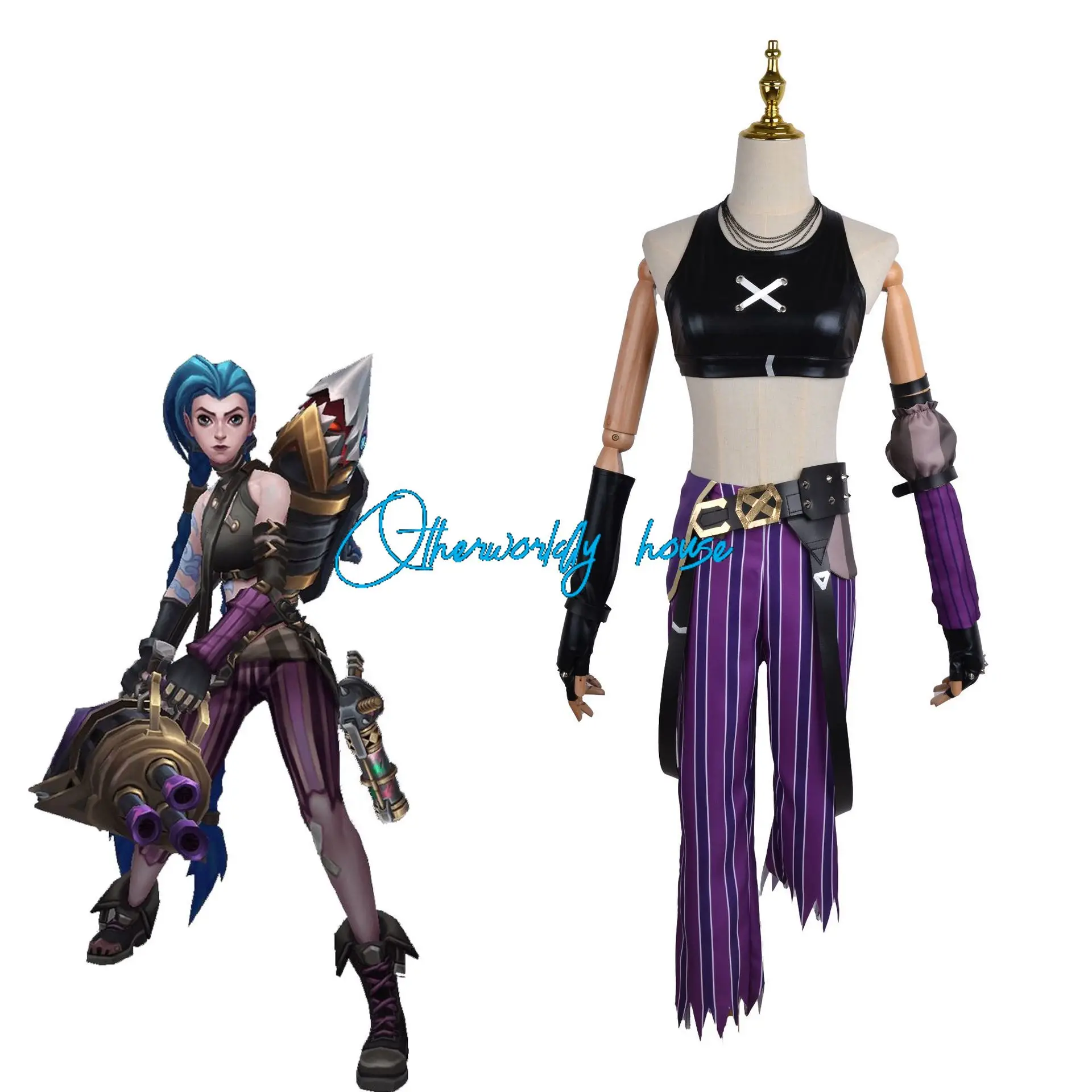 Game League Of Legends LOL Jinx  Cosplay Costume Dress Women Girls Sexy Halloween Role Play Wig Accessories Clothes Full Suit