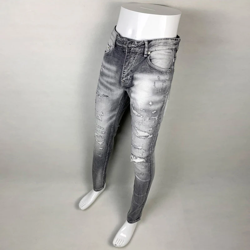 Street Fashion Men Jeans High Quality Retro Gray Stretch Skinny Fit Ripped Jeans Men Patched Designer Hip Hop Brand Pants Hombre