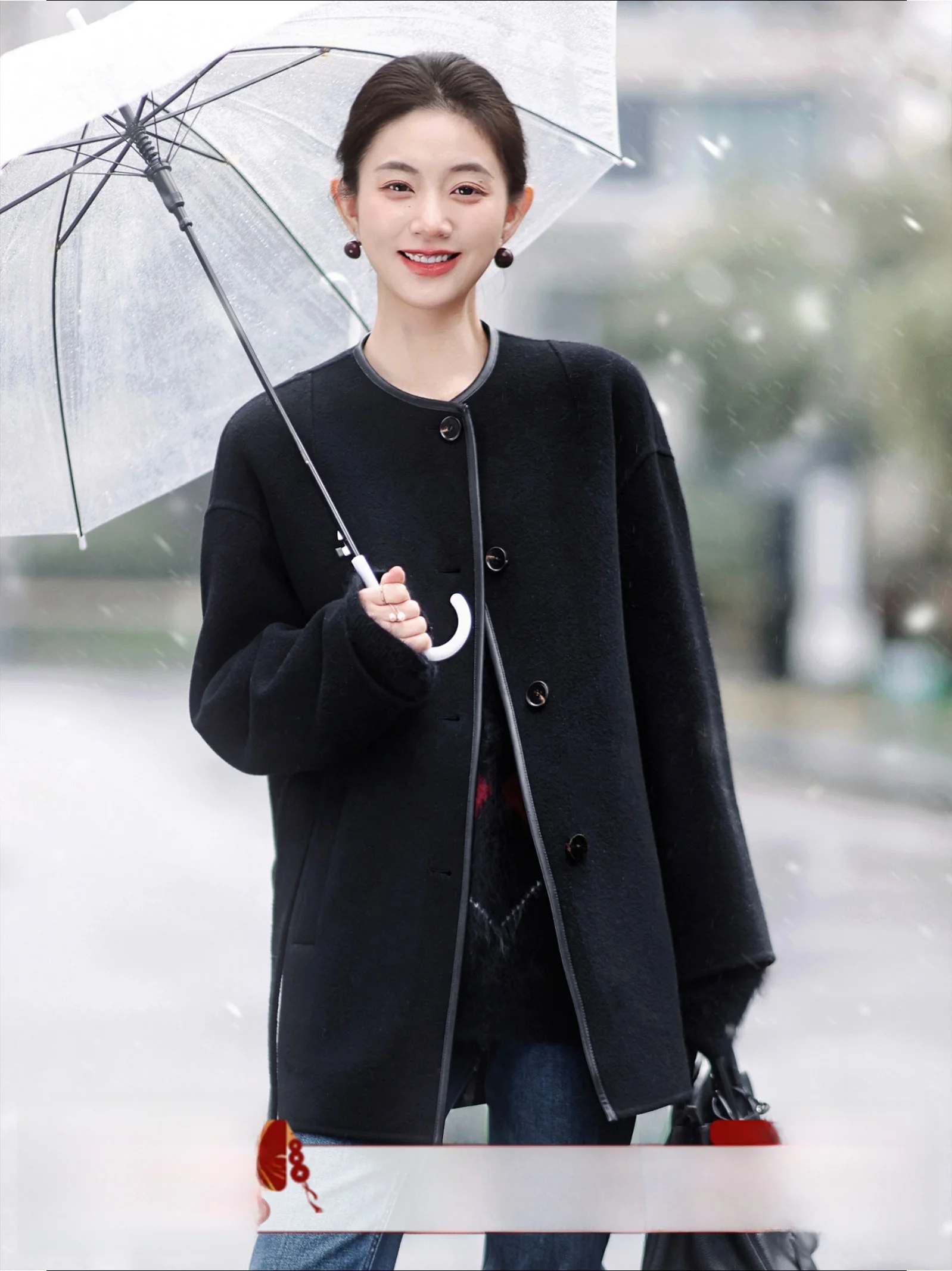 

Zhaodaixi Double-sided Camere Coat New Winter Bla Women's Outerwear Handmade Woolen Jaet Simple Commute Sle Long Sve