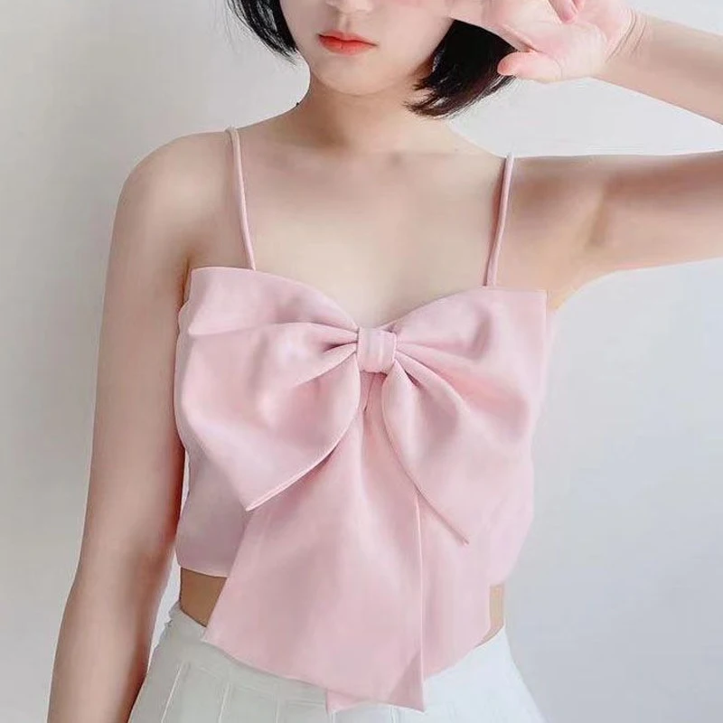 Summer New Solid Color Sleeveless Bow Sexy Sling Women American Style High Street Fashion Y2K Street Nightclub Ventilate Tops