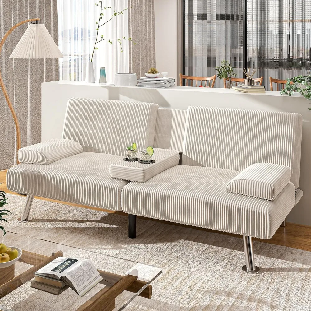 

Modern Upholstered Convertible Folding Futon Sofa Bed with Removable Armrests, Metal Legs, 2 Cup Holders for Living Room, Beige
