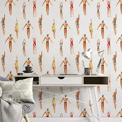 Swimmer Men and Women Wallpaper Peel and Stick,Watercolor Tropical Harbor Wallpaper On White Background,Summer Wall Mural Paper
