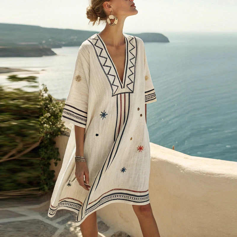 2025 Summer Casual Beach Holiday Dress Women Deep V Neck 3/4 Sleeve Mini Dresses For Women Vintage Printed Party Dress Boho