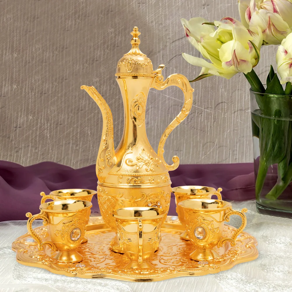 Bymaocar Turkish Vintage Coffee Teaware Set High Quality Wine Dispenser 1*pot with Anti-break lid & Handle + 6*cups +1*tea Tray