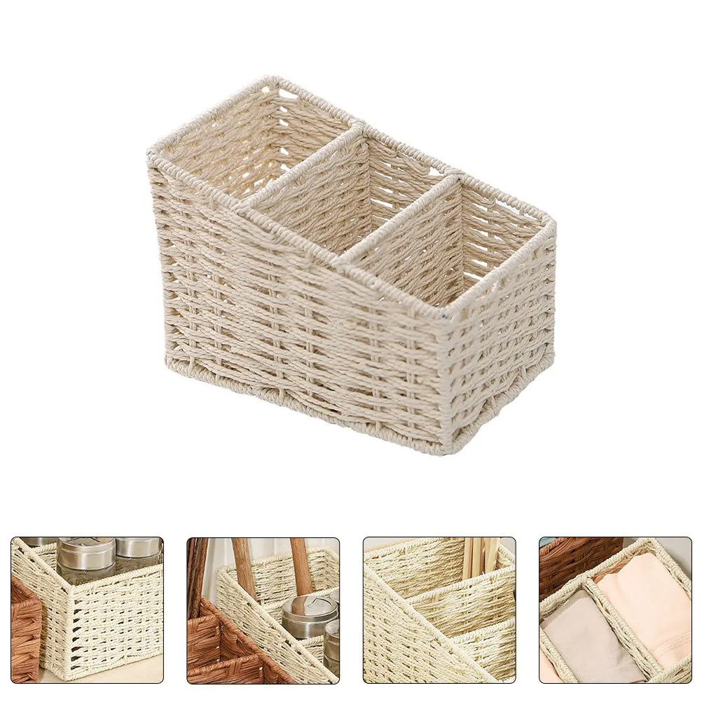 3-Compartment Trapezoidal Desktop Storage Box Simulated Hand-Woven Design Sturdy Iron Frame Neat Desk Organizer Storage Basket