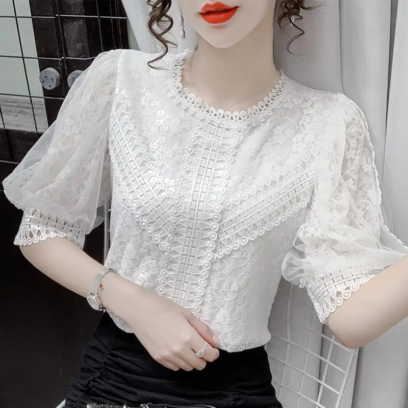 

Summer short -sleeved lace shirt women solid o neck blouse 2023 new age reduction waist top lace bodies foreign shirt blouse