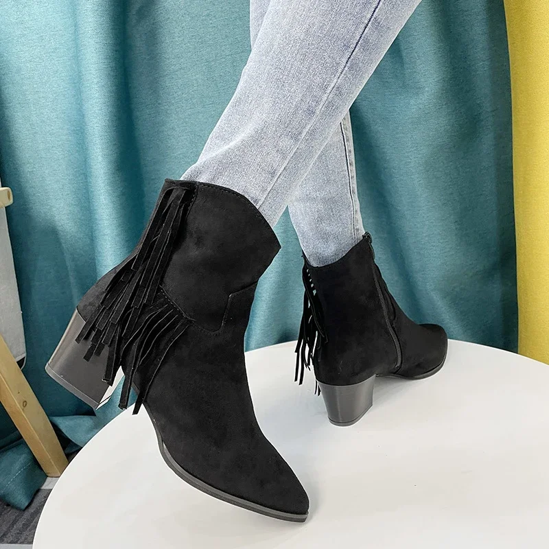 2024 Chelsea Boots Ankle Fringe Chunky Heels Western Cowboy Style Shoes Short Elegant Woman Heeled Punk Plus Size