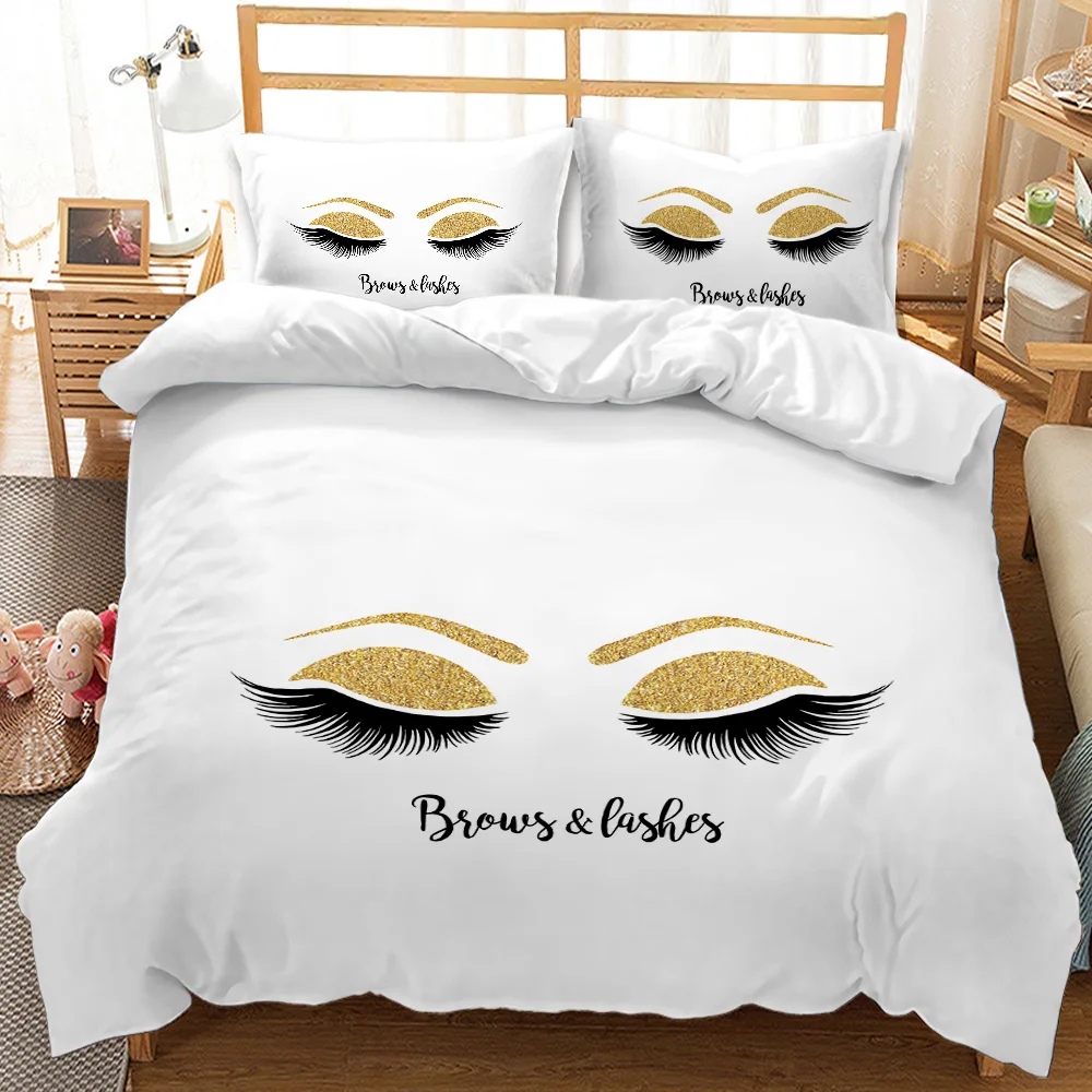 Eyelash Duvet Cover Set,Cartoon Style Dramatic Woman Eyes with Long Lashes Winking Flirting Gesture 2/3pcs Polyester Bedding Set