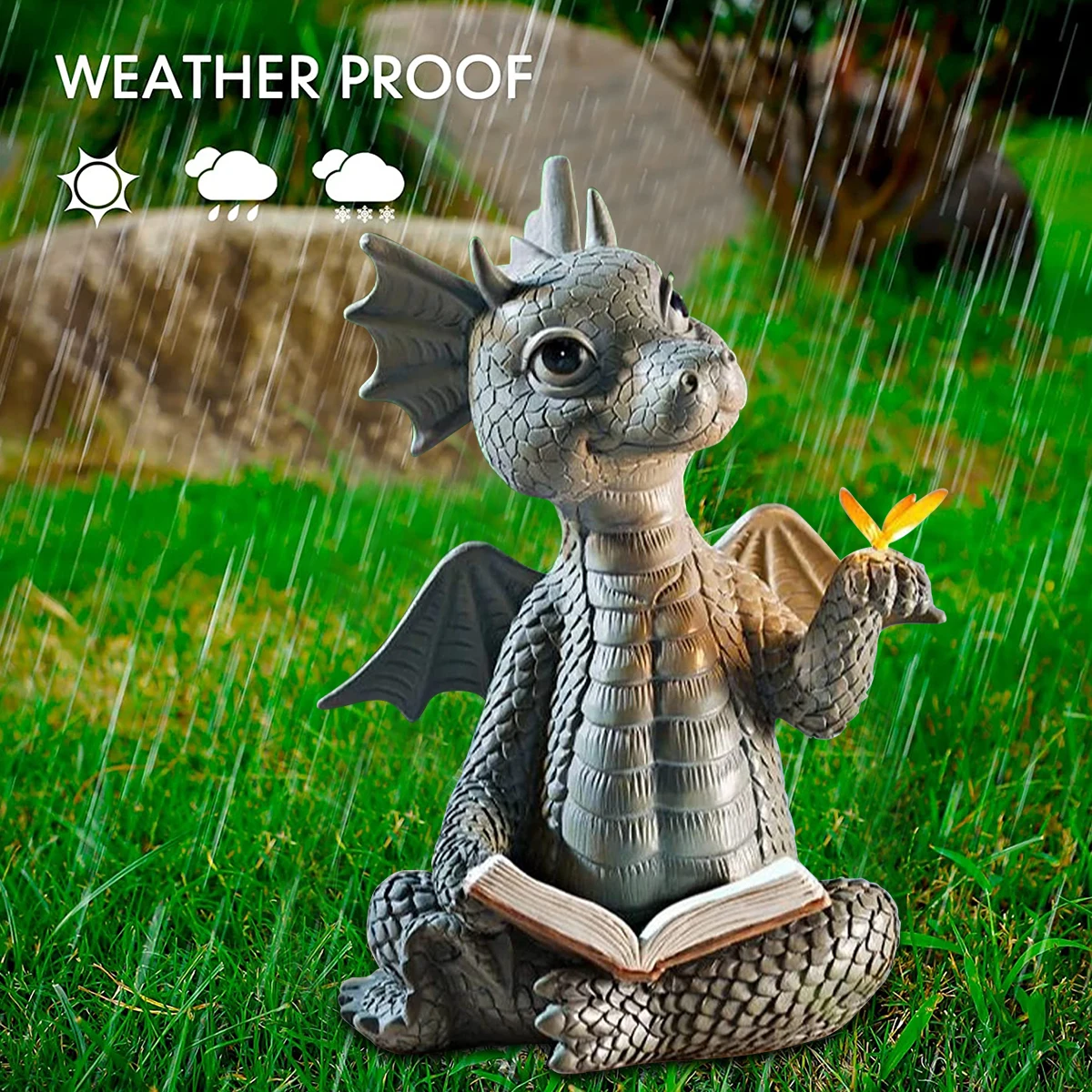 Garden Reading Book Little Dragon Sculpture Cute Dragon Statues Resin Dragon Sculptures Art Ornament for Lawn Yard Home Decor