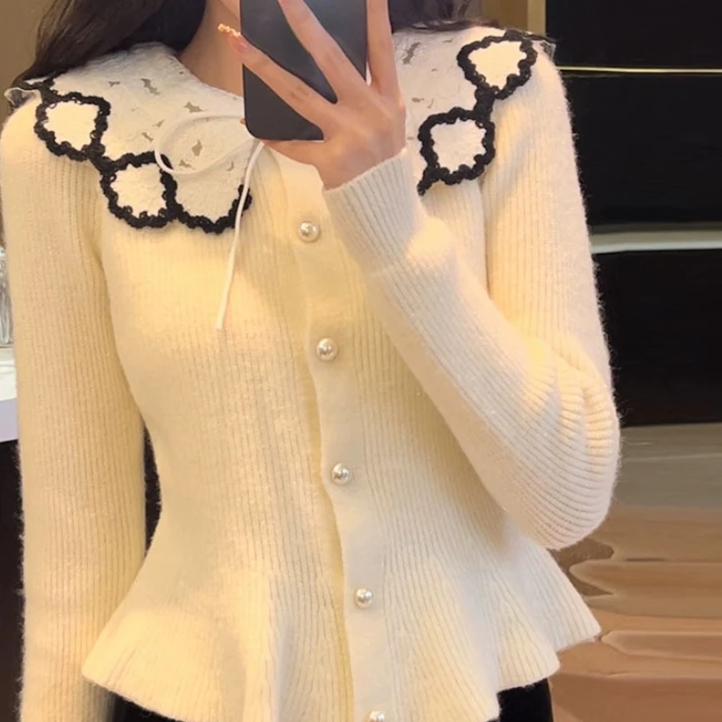 2024 Women Peter Pan Collar Sweet Cardigan Single Breasted Shiner Patchwork Sueter Mujer Fashion Vintage Knitted Sweater Coat