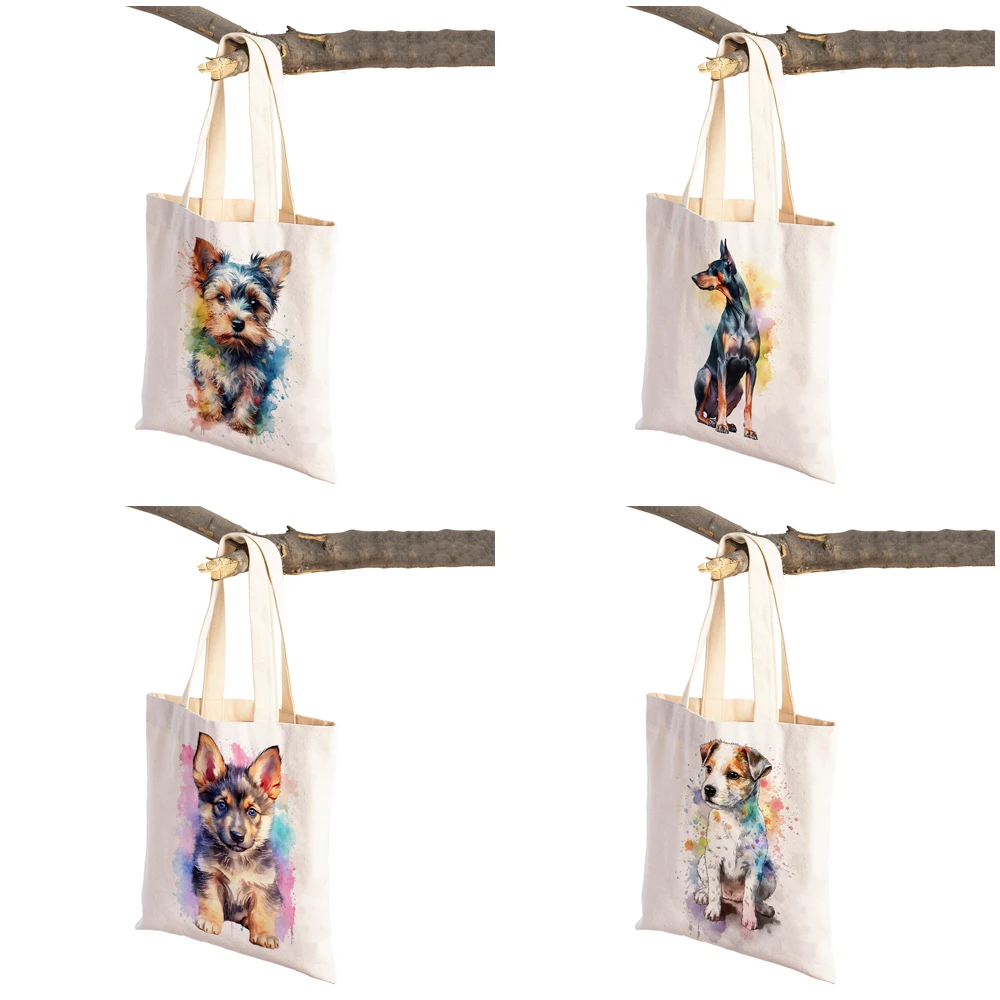 Cute Cartoon Pet Dog Women Shopping Bag Double Print Canvas Tote Handbag Reusable Animal Lady Shopper Eco Shoulder Shopper Bags