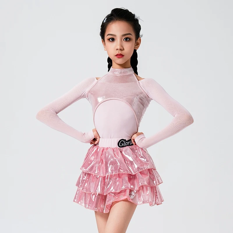 

Latin Dance Suit Competition Girls Chiffon Dance Top Long Sleeve Cha Cha Performance Costume Rumba Clothing Practice Wear 1657