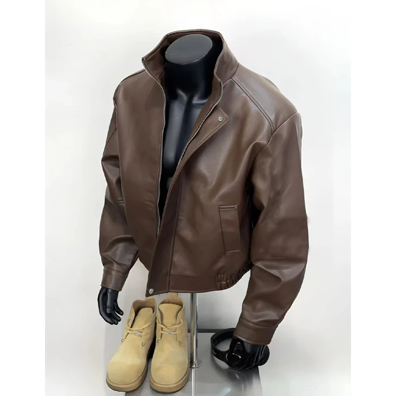 

Retro American Brown PU Leather Jaet Men's ort Sle Spring Autumn Faionable Motorcycle Clothes Casual Leisure