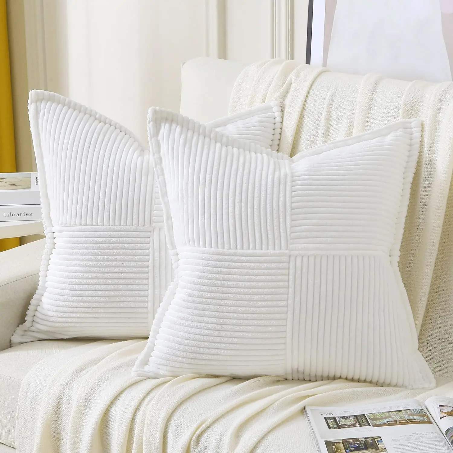 

Pure White Throw Pillow Covers 20x20 Inch Set of 2,Soft Solid Corduroy Striped/Wide Bordered,Square Decorative Cushion Case,Spri