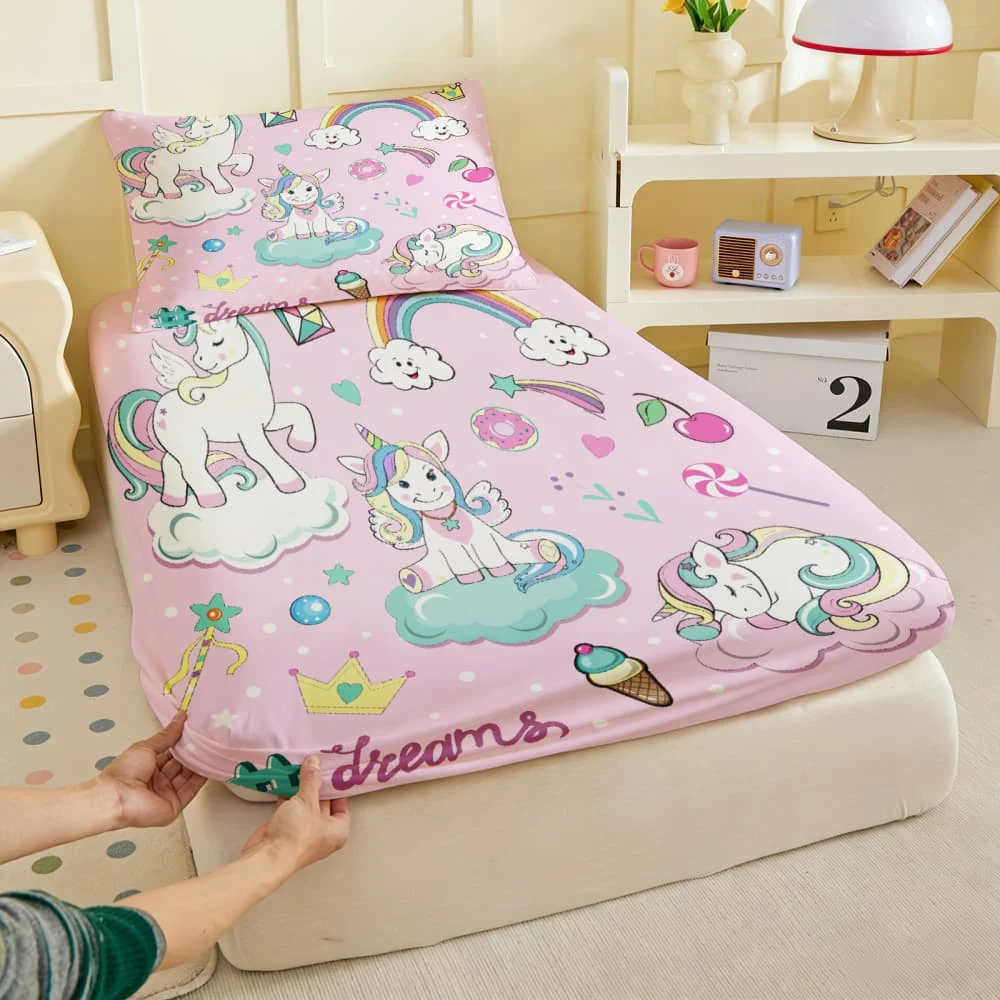 1pc Pink Rainbow Unicorn Dreams Print Fitted Sheet Deep Pocket Elastic Mattress Cover Single Double Queen King Bedroom Decor