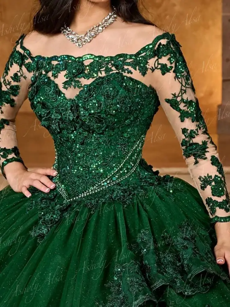 Custom Made Emerald Green Long Sleeve Prom Dress 2025 Lace Applique Bow Vestido De xv Anos Sweet 15 16 Quinceanera Party Dress 5