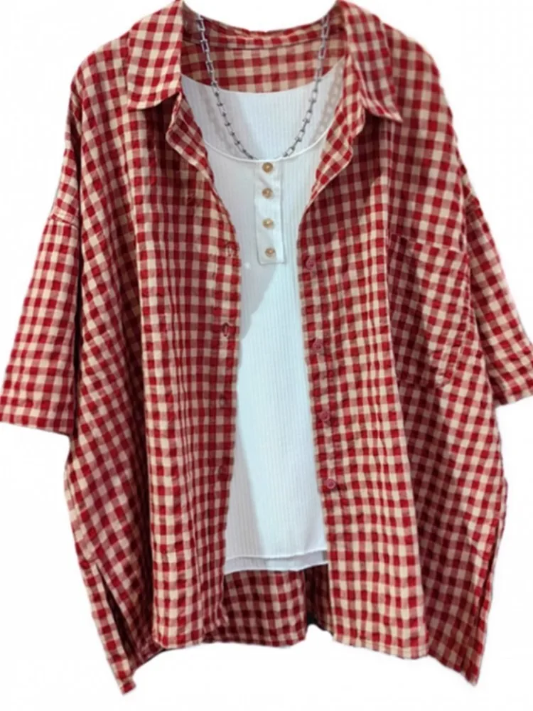 

Retro European Flax Plaid ort Sve Women's irt Summer 2025 Loose Sun Protection Top Collar Regular Length