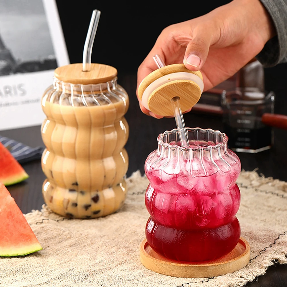 Wave Shape Beverage Glasses with Straw and Wooden Lid Vintage Glass Cups Wine Mugs Ripple Drinking Glasses for Juice Coffee Home