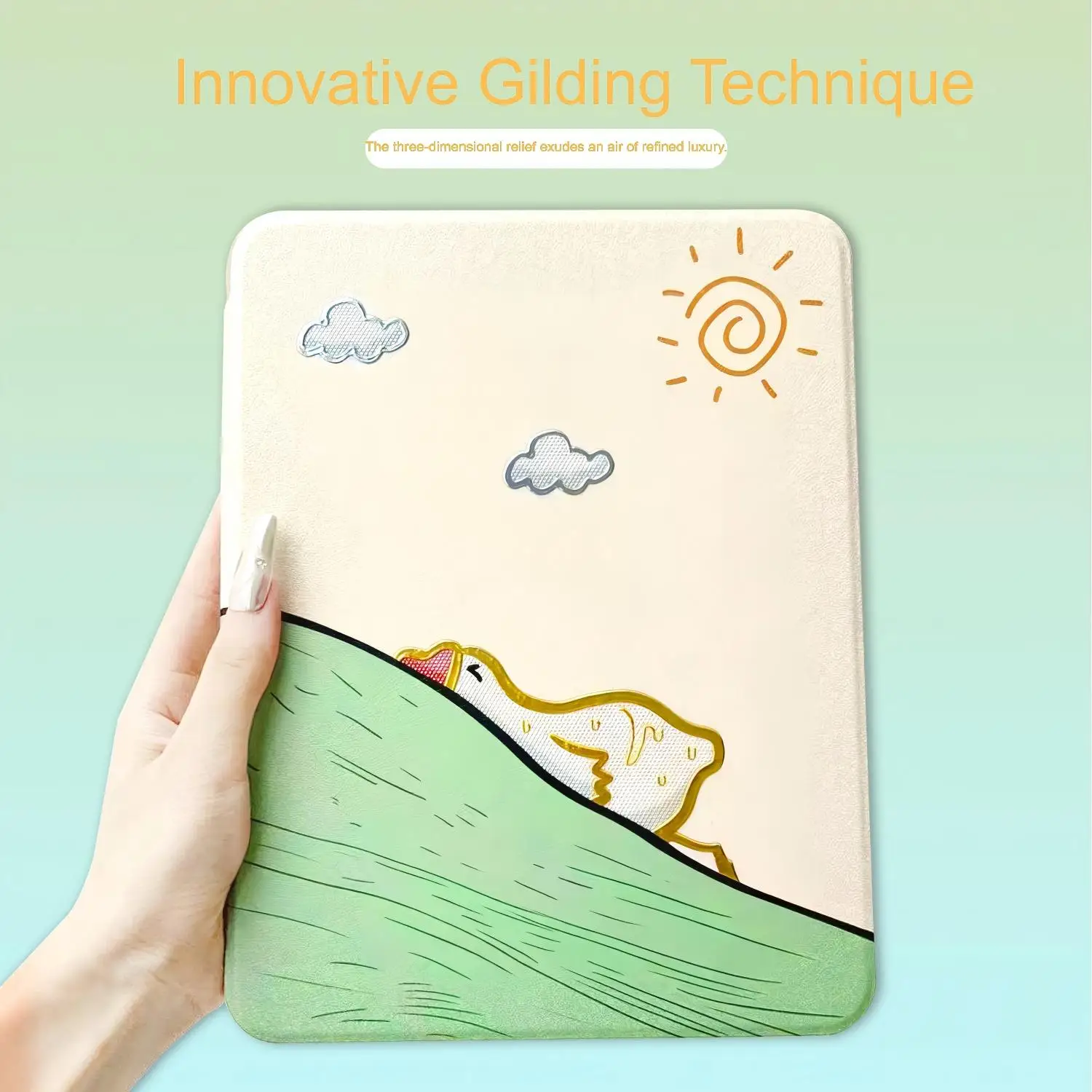 Green Gold-Plated Sun Duck 360° Rotating Tablet Protective Case For iPad Pro 13 11 12.9 2024 2025 Air3 mini6/7th Shock-Resistant