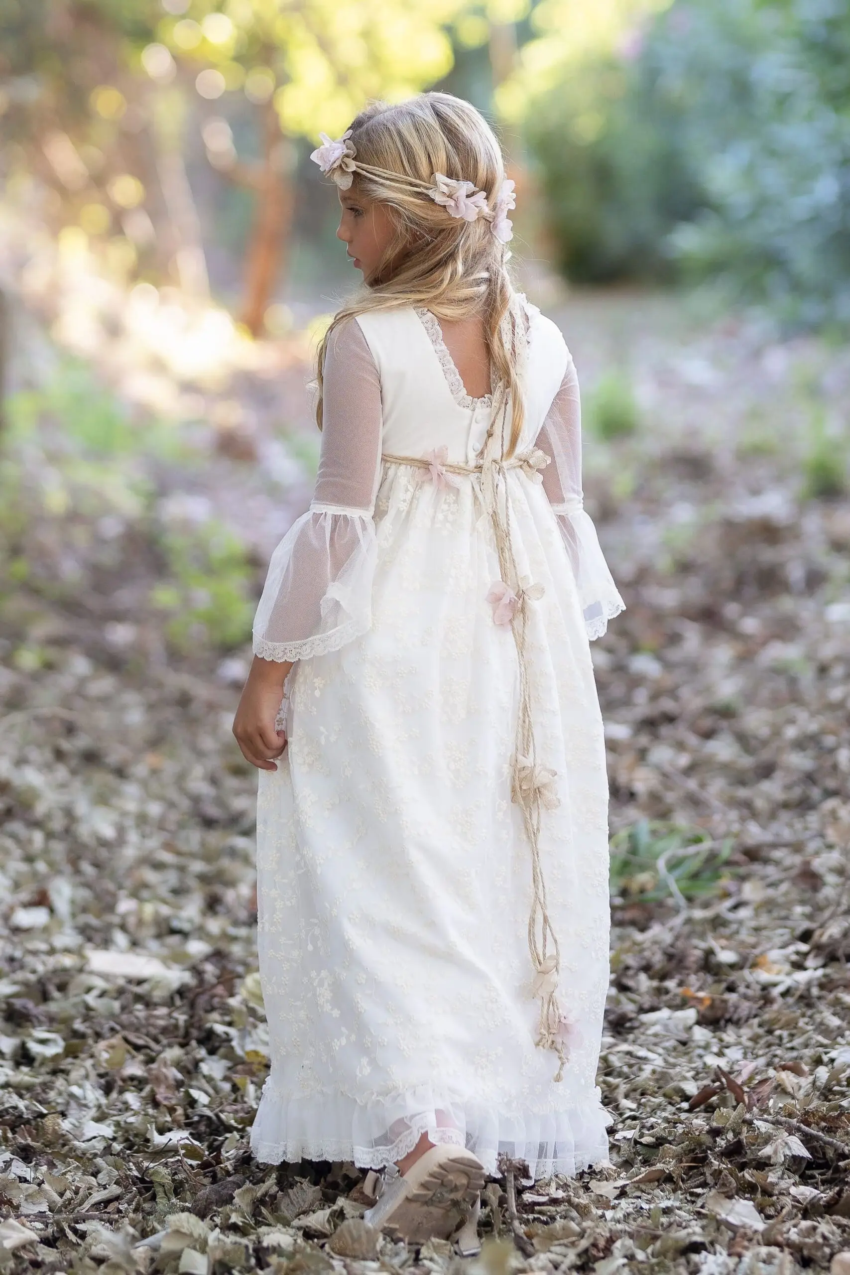 BABYONLINE Communion Dress Made of Smooth Tulles Gown with Flowers Belt and Embroidered Floral Tulle Skirt Boho Princess Vinatge