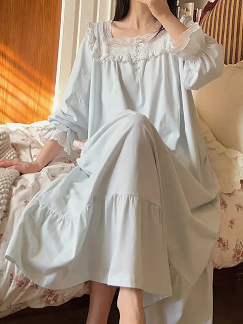 Women Pure Cotton Ruffles Vintage Nightgowns Robe Long Dress Fairy Victorian Romantic Princess Sleepwear Nightdress Homewear