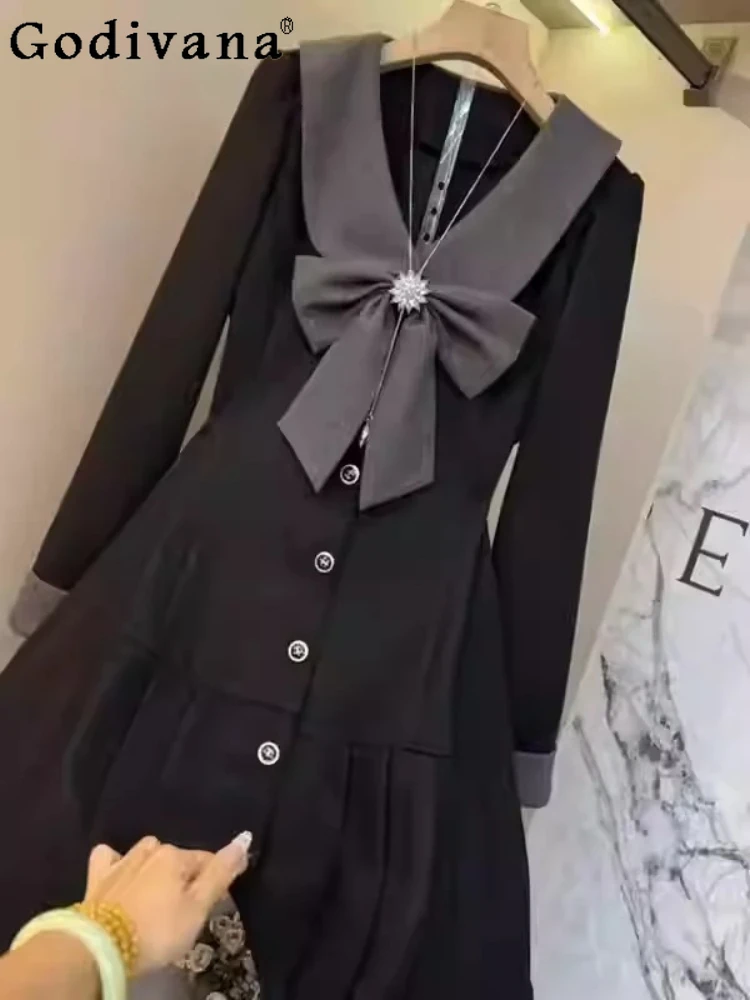 

Spring Autumn New Large-size Turn-down Collar Long Sleeve Pleated Dress Sweet Girl Versatile Black Bow Japanese Leisure Dresses