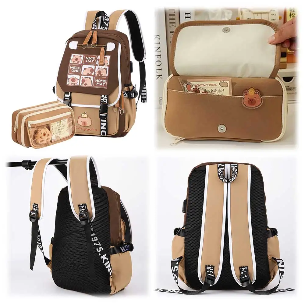 Cartoon Capybara Backpack with Pencil Case Cute Kawaii Backpack Large Capacity Capybara Flap Backpack Cute Bookbag for Students