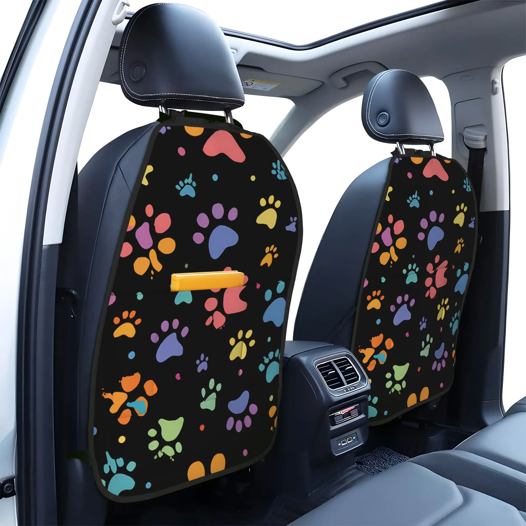 Set Of 2 Kick Mats For 2D Flat Printing With Organizer - Black Seat Covers For Backseat Featuring Fun Paw Prints, Suitable For C