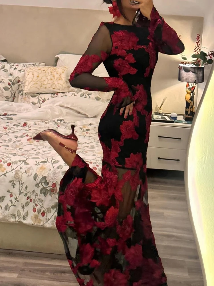 ชุดเดรสยาวทรงเข้ารูปลายดอกไม้แบบแจ็คการ์ด แฟชั่นสำหรับผู้หญิง ดีไซน์เซ็กซี่โชว์หลังเว้า  ชุดราตรีหรูหรา คอทรงโอ แขนยาว เหมาะสำหรับงานเลี้ยงตอนเย็น