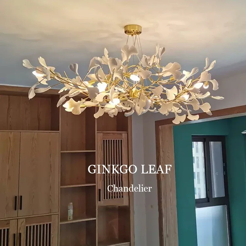 Nordic Luxury Ceramic Bionic Ginkgo Leaf Chandelier Living Room Dining Room Bedroom LED Chandelier Home Decoration Hanging Lamp