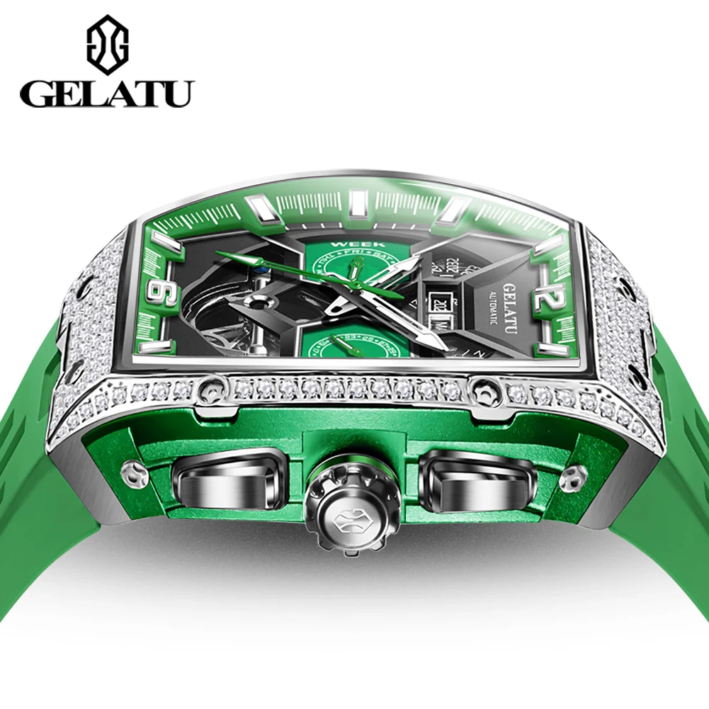 Gelatu Full Diamond Tourbillon Heren Horloge Multifunctioneel Hoge Kwaliteit Saffier Spiegel Waterdicht Automatisch Mechanisch Polshorloge