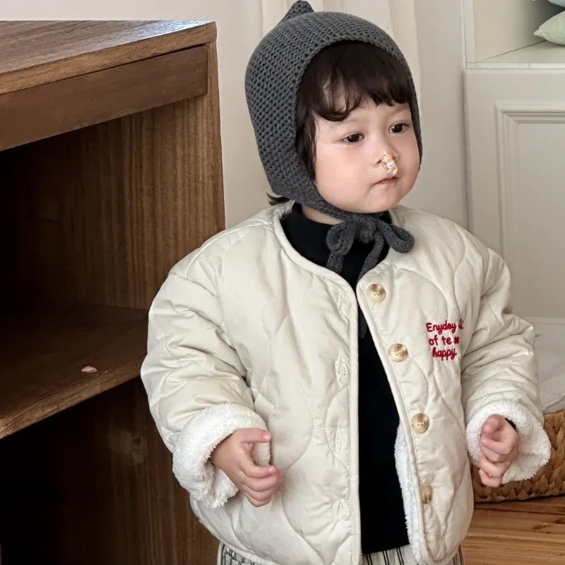 

Kids Winter Cotton Coat Fleece Lined Cute Single Button Long Sleeve Versatile Jacket for 1-3Y Children Outerwear