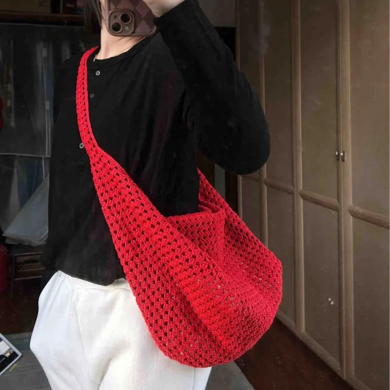 

Leisure shoulder bag, handmade crochet hollow out handbag, big red shopping bag, convenient large capacity beach bag